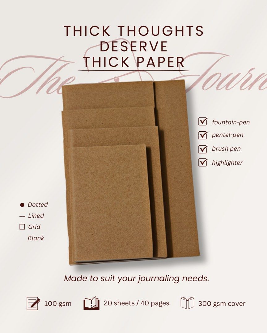 Fountain-pen friendly Journal Notebook Planner Insert (Category: Stationery & School Supplies) located in Taguig. Submitted by rzkei (Listing ID 1469731057, Image 1). Description: ⭐️CHECK THE PICTURES FOR PRICE LIST⭐️ 🖋️ Staple-bound kraft paper journals, ideal for standalone use or as leather folio inserts 🖋️ Thick 100 gsm paper prevents bleeding with fountain pens, brush pens, and highlighters 🖋️ Sturdy 300 gsm cover protects your precious n