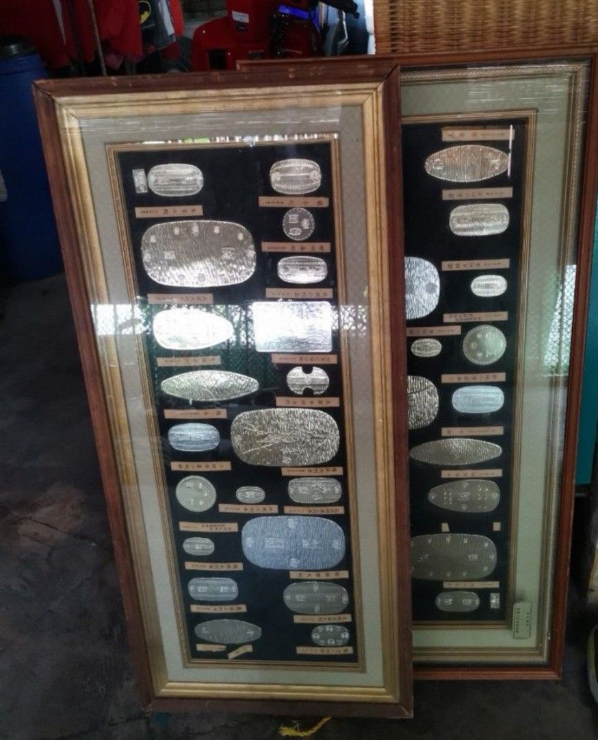 Framed Antique Japanese Coin Collection Set (Category: Currency) located in Santa Rosa. Submitted by laria.maria (Listing ID 1469652595, Image 1). Description: - Matched pair of large framed antique Japanese coin and currency displays - Features dark backing fabric under glass panels with gold inner trim - Each piece comes with a descriptive label below it - Heavy wooden borders equipped with a wall-hanging setup - Ideal statement piece for coin 