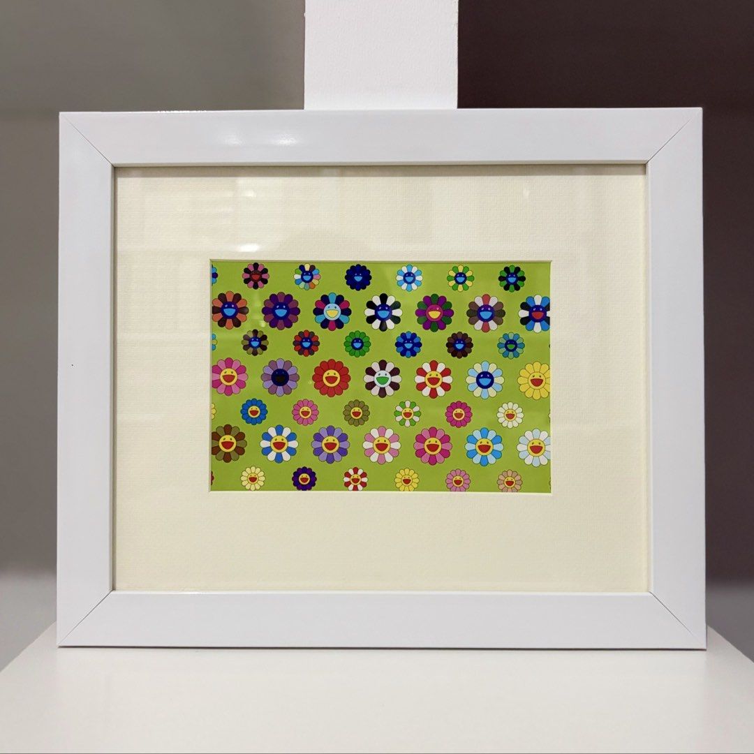 Framed Takashi Murakami Postcard “Green Flower” (Category: Art & Prints) located in Santa Rosa. Submitted by shikaricollectibles (Listing ID 1469683771, Image 1). Description: Framed Takashi Murakami Postcard “Green Flower” An art postcard featuring Takashi Murakami, released in 2001. Postcard Size: 6.9 x 4.75 inches Frame Size: 12.3 x 10.1 inches Frame Thickness: 1 inches Frame Color: White Glazing: Glass Mat Border: 2 Inches Mat Color: Off-whit