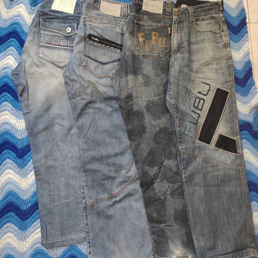 FUBU Y2K PANTS BUNDLE (Category: Jeans) located in Manila. Submitted by unlithriftsouth (Listing ID 1469619314, Image 1). Description: BUNDLE OF 4 ALL GOOD SIZES SOME HAS DRAGS.