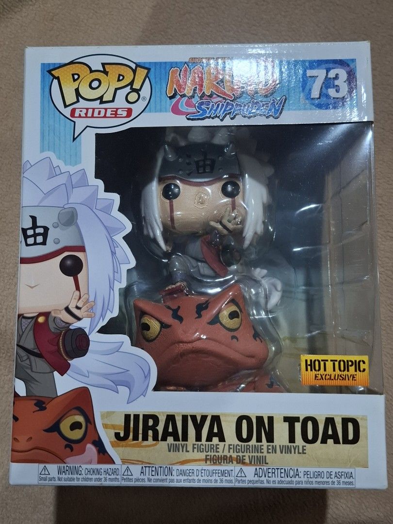 Funko Pop Rides Naruto Shippuden Jiraiya on Toad 73 (Category: Designer & Blind Box Toys) located in Agdangan. Submitted by snowsmum (Listing ID 1469754833, Image 1). Description: Item: Funko Pop Rides #73 - Jiraiya Funko Pop! Animation: Naruto Shippuden – Jiraiya on Toad 6-Inch Ride #73 - Vaulted An absolute classic for Naruto collectors! Selling this officially vaulted Funko Pop! Rides Jiraiya on Toad #73 featuring the official US imported Hot 