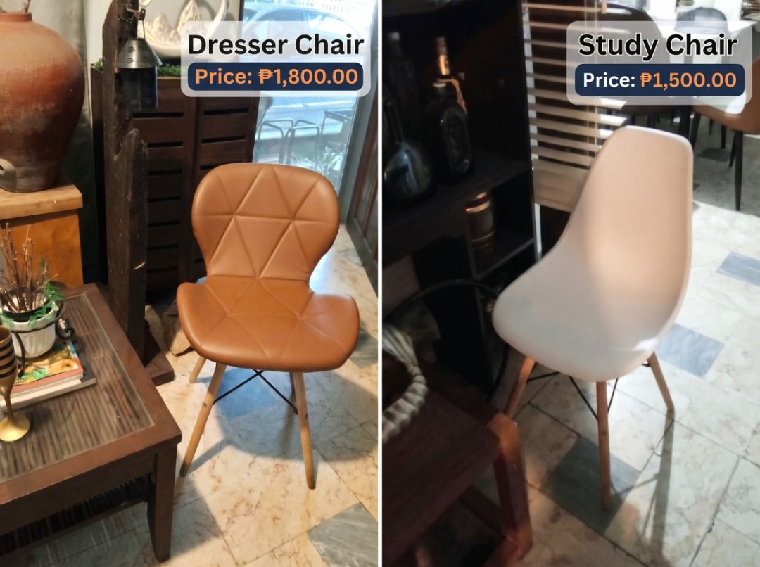 FURNITURE DECLUTTER / RUSH SALE! (Category: Tables & Sets) located in Quezon City. Submitted by gd247 (Listing ID 1469650685, Image 1). Description: Pre-loved at quality furniture pieces na siguradong babagay sa inyong bahay o opisina. Lahat ay nasa maayos na kondisyon (as shown in photos). Pwede kayong pumili ng bawat nagustuhang piraso! PRICE LIST PER ITEM: Study Chair (white shell design)—₱1,500.00 Dresser Chair (brown geometric design)—₱1,800