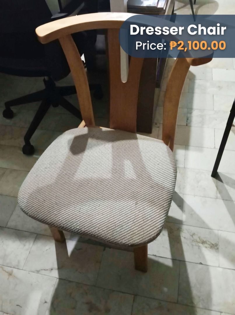 FURNITURE DECLUTTER / RUSH SALE! (Category: Tables & Sets) located in Quezon City. Submitted by gd247 (Listing ID 1469650685, Image 3). Description: Pre-loved at quality furniture pieces na siguradong babagay sa inyong bahay o opisina. Lahat ay nasa maayos na kondisyon (as shown in photos). Pwede kayong pumili ng bawat nagustuhang piraso! PRICE LIST PER ITEM: Study Chair (white shell design)—₱1,500.00 Dresser Chair (brown geometric design)—₱1,800