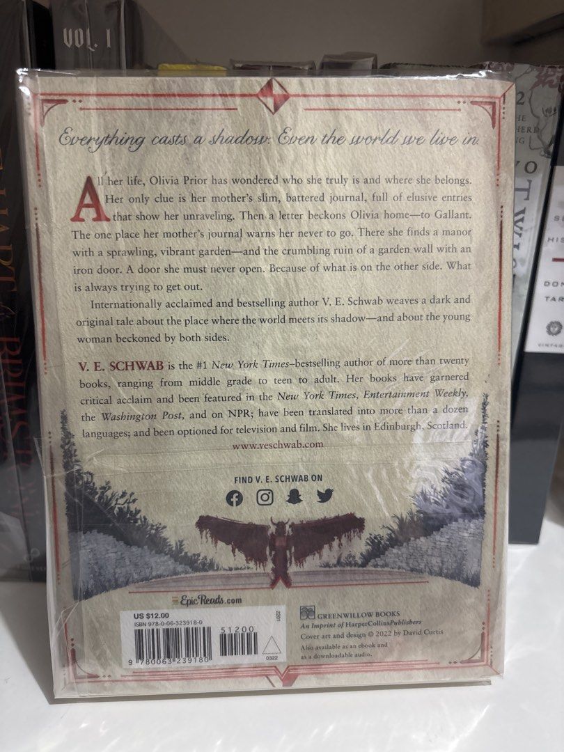 Gallant by V. E. Schwab Paperback Novel (Category: Storybooks) located in Caloocan City. Submitted by boldstorm-6421 (Listing ID 1469748953, Image 2). Description: - Title & Author: Gallant by V.E. Schwab (NYT Bestselling Author) - Condition: In good condition, minimal foxing. No annotation, No folds, No creases - Genre: Fantasy fiction with dark themes and intricate gothic cover illustration.