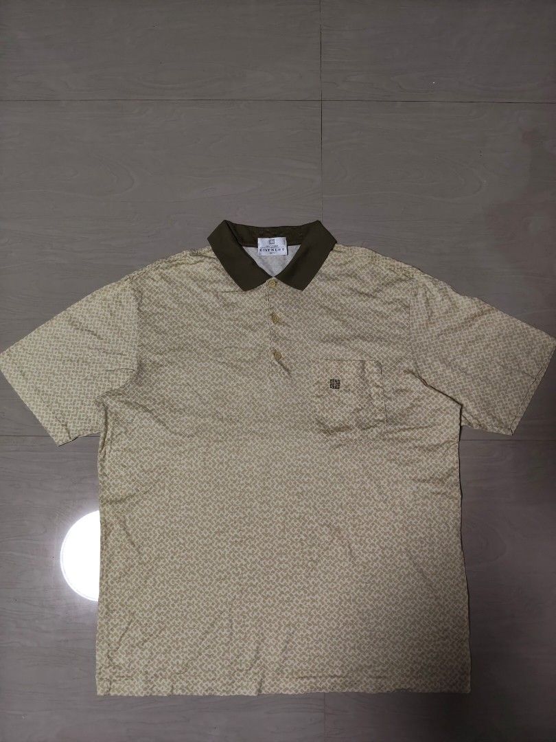 Gentleman Givenchy Vintage Pattern Polo Shirt (Category: Tshirts & Polo Shirts ) located in Manila. Submitted by si_yannnn (Listing ID 1469721428, Image 1). Description: Gentleman Givenchy polo shirt from Paris. Cream and beige geometric pattern all over with olive green collar. Single chest pocket featuring the Givenchy 4G logo embroidery. Made in Italy, 100% cotton fabric. Button placket at the front..