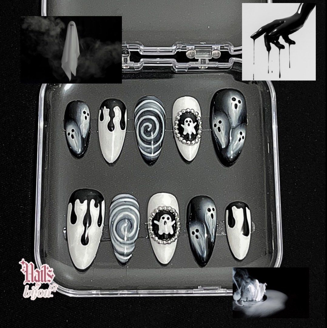 [SALE!!!] Ghost Theme Black and White Halloween Press-On Nail Set (Category: Hands & Nails) located in Manila. Submitted by maxinenodalo (Listing ID 1469702490, Image 1). Description: ༄ ₱299 ༄ size, length, shape: small, long, coffin ༄ all details are handmade! ༄ comes with nail file, nail glue, nail tape, plastic cuticle pusher and reusable case follow us on rainbow app @nails.bybijou for customs and appointments!.