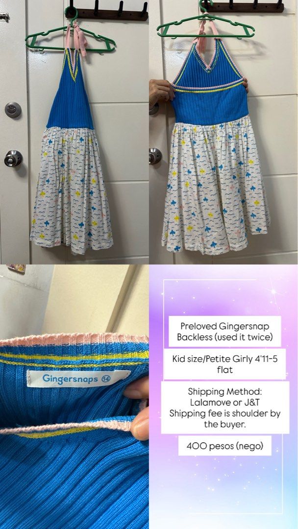 Gingersnaps Kids/Petite Girly (Category: Dresses) located in Manila. Submitted by jenny_d2003 (Listing ID 1469655627, Image 3). Description: - preloved Gingersnaps dresses - Size fit: Petite / kids (around 4'11" to 5'0" flat) - Includes: * Light blue eyelet dress * Colorful polka dot dress * Blue halter knit dress * Red lace dress * Blue striped button-down dress - Price: Negotiable - Shipping: Via Lalamove or J&T (Shipping fee paid by buyer).