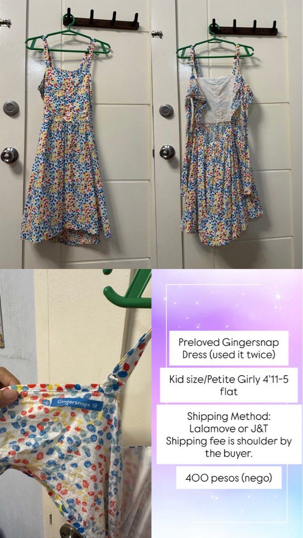 Gingersnaps Kids/Petite Girly (Category: Dresses) located in Manila. Submitted by jenny_d2003 (Listing ID 1469655627, Image 2). Description: - preloved Gingersnaps dresses - Size fit: Petite / kids (around 4'11" to 5'0" flat) - Includes: * Light blue eyelet dress * Colorful polka dot dress * Blue halter knit dress * Red lace dress * Blue striped button-down dress - Price: Negotiable - Shipping: Via Lalamove or J&T (Shipping fee paid by buyer).