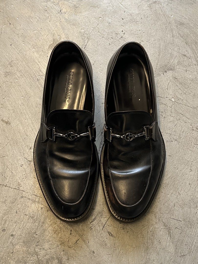 Giorgio Armani Loafers (Category: Dress Shoes) located in Taguig. Submitted by alchlyn (Listing ID 1469642261, Image 1). Description: —with silver-tone GA logo —well-used —has sole separation.