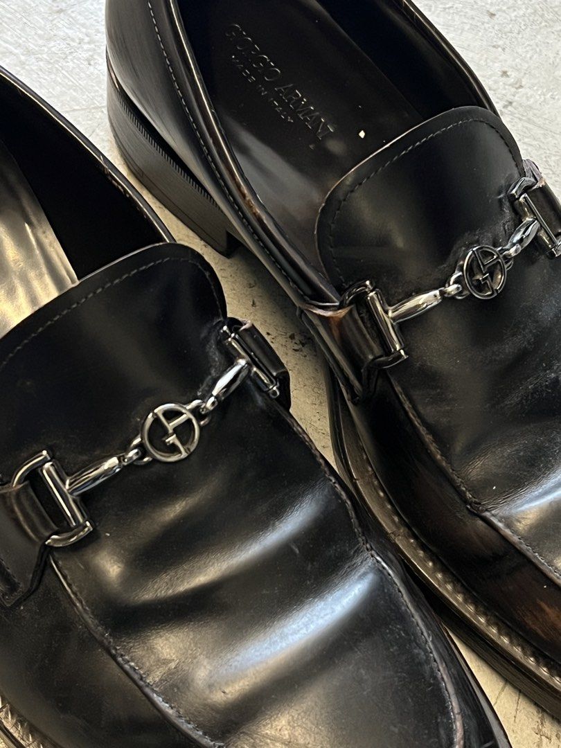 Giorgio Armani Loafers (Category: Dress Shoes) located in Taguig. Submitted by alchlyn (Listing ID 1469642261, Image 3). Description: —with silver-tone GA logo —well-used —has sole separation.