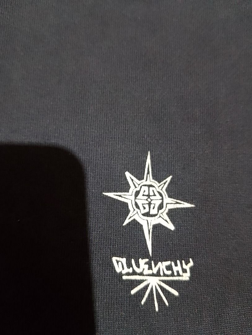 Givenchy Black T-Shirt with Cross Back Print (Category: Tshirts & Polo Shirts ) located in Cavite. Submitted by marvzclothing (Listing ID 1469696480, Image 3). Description: - Brand: Givenchy - Color: Black - Size: Medium on tag ( Fit to large ) - Material: 100% cotton with viscose ribbing (Made in Portugal) - Front Details: Small star and graphic emblem near the neckline - Back Details: Large, detailed cross graphic with a small logo at the botto
