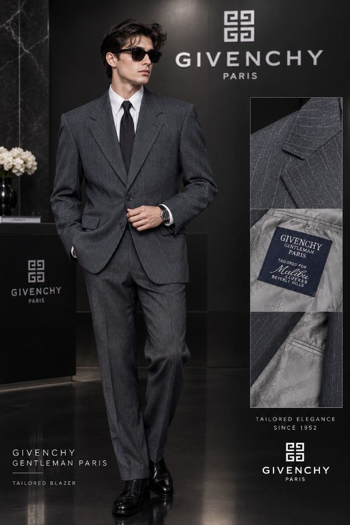 Givenchy Gentleman Paris Tailored Blazer Malibu Clothes (Category: Coats, Jackets and Outerwear) located in Manila. Submitted by niggzreyno51476 (Listing ID 1469584972, Image 1). Description: - Brand: Givenchy Gentleman Paris (Made for Malibu Clothes Beverly Hills) - Color/Pattern: Grey with subtle pinstripe - Style: Two-button front closure, notched lapels, sharp vintage structure - Lining: Custom jacquard lining with ACTWU union label - Care: D