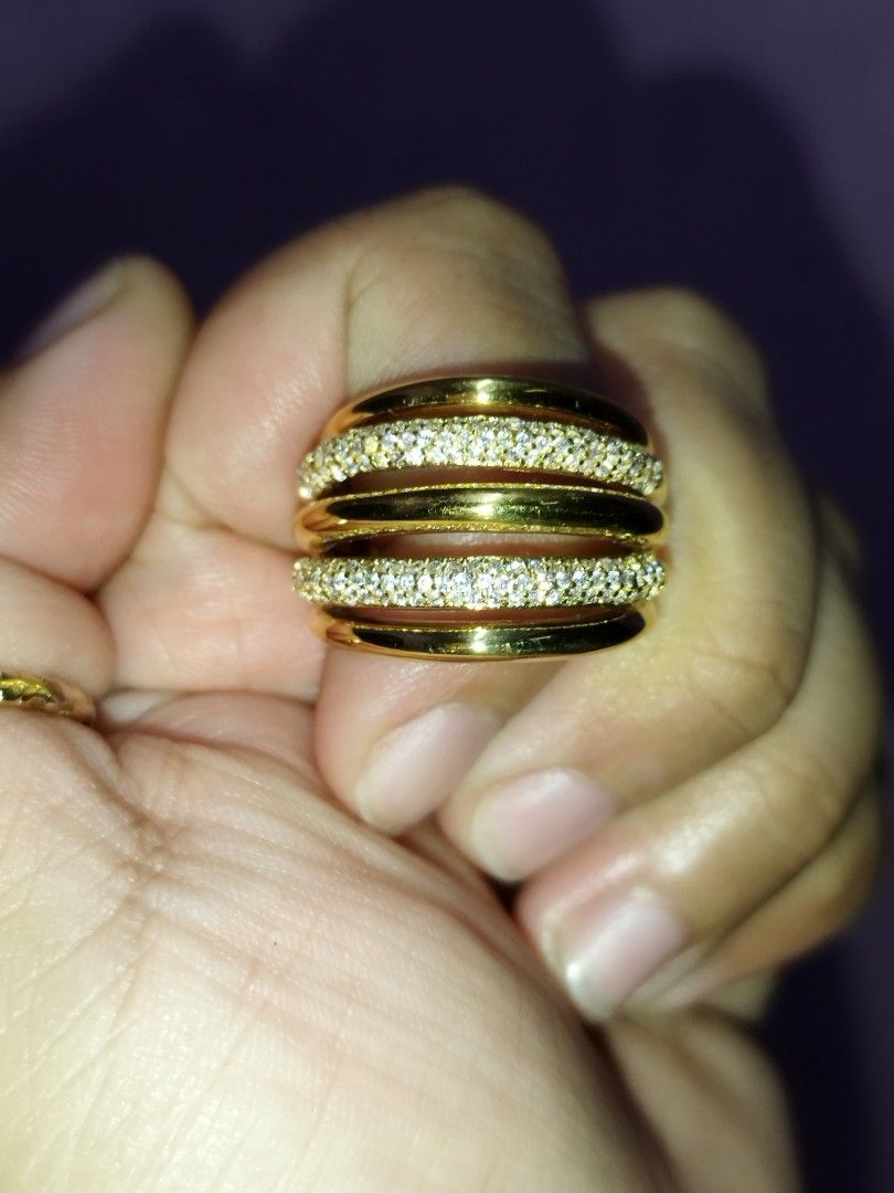 Gold Plated 925 Silver Multi Band Pave Ring (Category: Rings) located in Manila. Submitted by Cie28 (Listing ID 1469717229, Image 1). Description: - Material: Gold-plated 925 sterling silver (hallmark stamp inside) - Design: Bold statement multi-band with alternating polished and pave-set crystal bands - Feel: Solid weight and comfortable fit - Condition: Brand new and ready to wear - size 8.