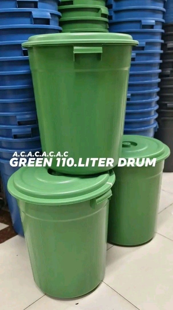 Green 110 Liter Plastic Drum Container (Category: Storage Boxes & Baskets) located in Quezon City. Submitted by marecel146 (Listing ID 1469607026, Image 1). Description: - Capacity: 110 liters - Color: Green - Includes matching lid with secure grip handles - Sturdy build with vertical ribbing for added strength and durability - Versatile use: Great for water storage, waste management, or industrial sorting - Condition: Brand new bulk stock availa