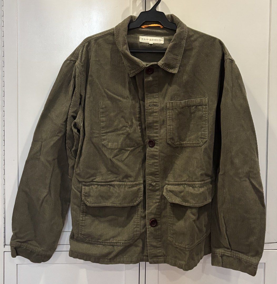 Green Corduroy Jacket (Category: Coats, Jackets and Outerwear) located in Pasig City. Submitted by shopgirl101 (Listing ID 1469732090, Image 1). Description: - Brand: Far Afield - Color: Olive green - Material: Thick textured cotton corduroy - Closure: Button-up front with classic collar - Pockets: Multiple utility pockets on chest and lower front - Sleeves: Long sleeves with button cuffs - Condition: Excellent pre-loved condition - Perfect for s