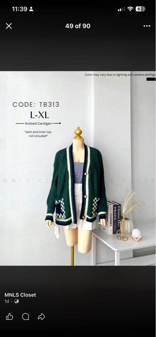 Green Knitted Cardigan Checkerboard Pattern TB313 L-XL (Category: Coats, Jackets and Outerwear) located in Mandaluyong City. Submitted by iamprettywow (Listing ID 1469605607, Image 1). Description: Mannequin size 5’4 Fits small to XL size - Size: L to XL (Relaxed oversized fit) - Color/Design: Green knit with checkerboard pockets - Details: Button-down front, contrasting white and dark blue trim on neckline and placket - Note: Cardigan only (inne