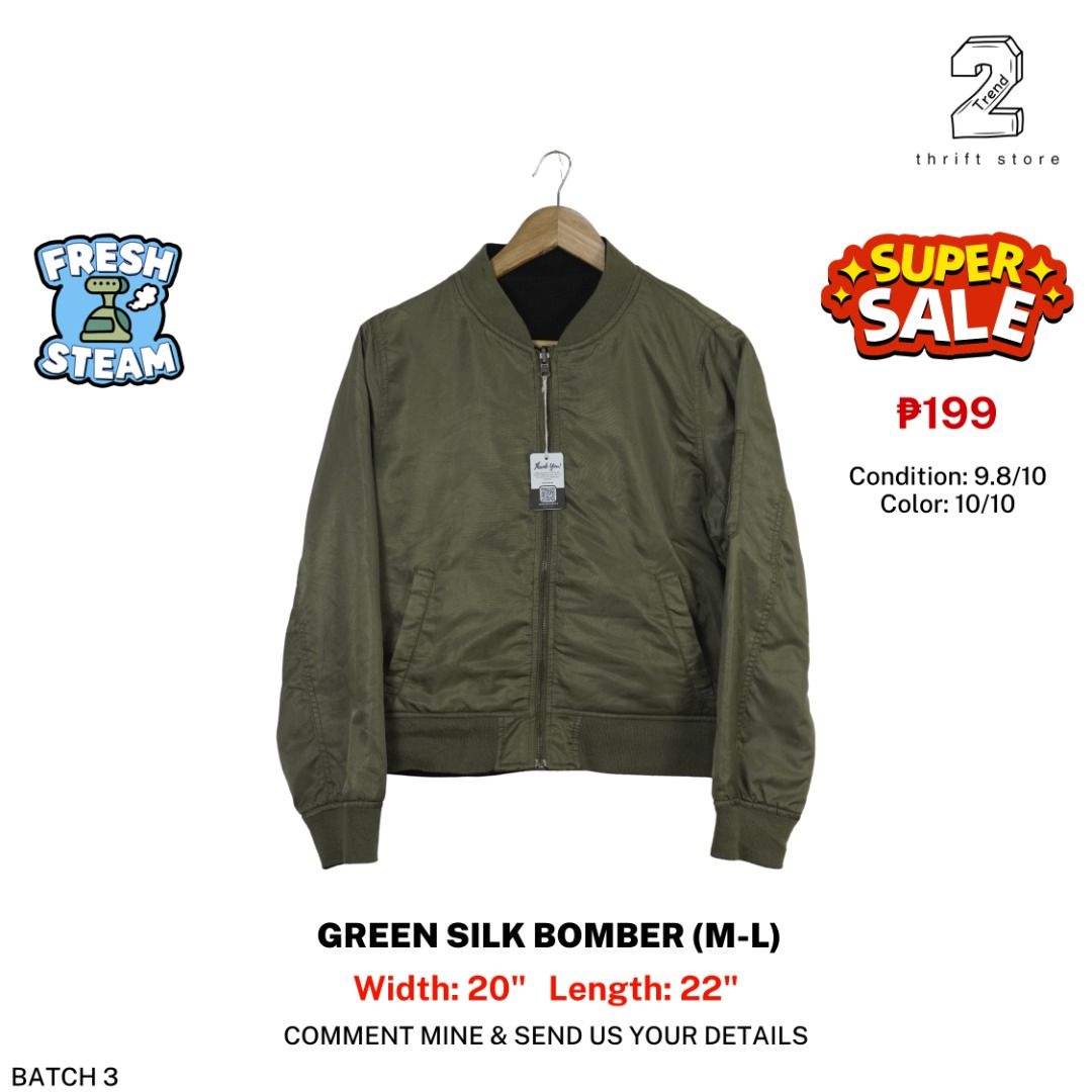 Green Silk Bomber Jacket Medium Weight (M-L) (Category: Coats, Jackets and Outerwear) located in Marikina City. Submitted by 2trend_thrift (Listing ID 1469738382, Image 1). Description: .