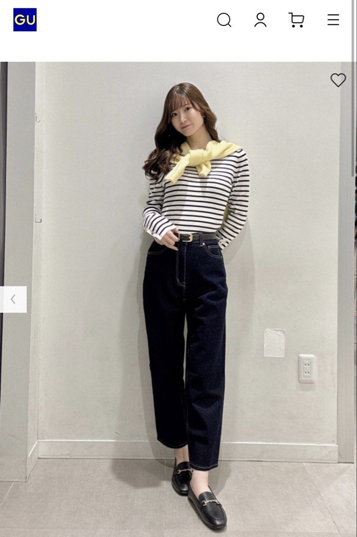 GU Ankle Jeans (Category: Jeans) located in Cavite. Submitted by yakultjeni85475 (Listing ID 1469728394, Image 1). Description: - Brand: GU - Size: Small - Color: Dark wash indigo with subtle seam fading - Fit: High-waisted with a straight leg cut - Details: Contrast yellow stitching, metal button closure - Style: Classic everyday staple, easy to pair with any top or shoes.