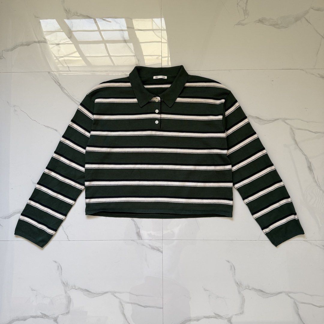GU Multi Border Polo Sweater (Category: Coats, Jackets and Outerwear) located in Santo Tomas. Submitted by the580closet (Listing ID 1469698071, Image 1). Description: - Size: Large 21 inches - chest 20 inches - length 20 inches - shoulder 21 inches - sleeves.