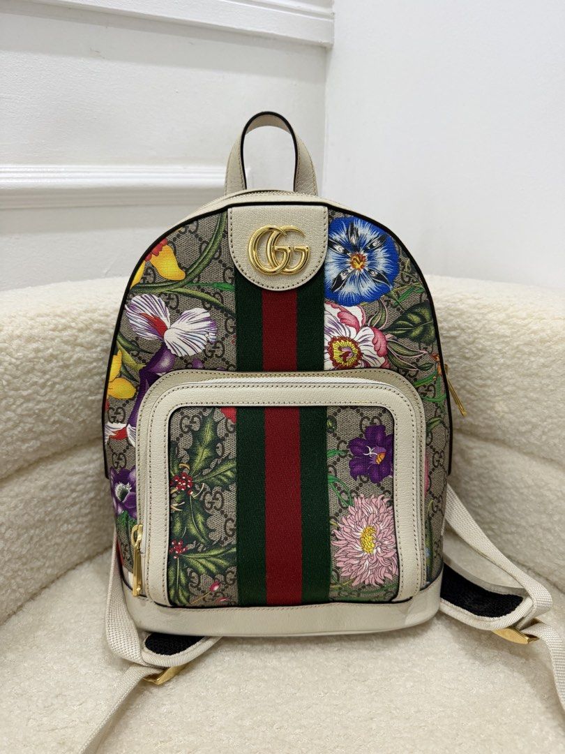 Gucci Ophidia GG Supreme Flora Small Backpack (Category: Backpacks) located in Manila. Submitted by luxcollects (Listing ID 1469703936, Image 1). Description: Gucci Ophidia GG Supreme Flora Small Backpack 🌸 GG’s special seasonal release! A beautiful Gucci statement piece featuring the iconic GG Supreme canvas adorned with vibrant Flora floral prints, the signature green and red Web stripe, and gold-tone Double G hardware. Finished with ivory lea
