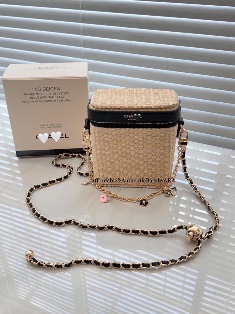 GWP CHANEL LES BEIGES STRAW VANITY BAG (Category: Cross-body Bags) located in Daet. Submitted by ecassenluxuries (Listing ID 1469617535, Image 1). Description: 📌 FIXED PRICE ALREADY ▫️Brand: Chanel Les Beiges Summer Essentials Vanity Bag ▫️Material/Design: Straw texture body with classy black trim ▫️Modified Strap: Gold chain with leather weave and convenient metal ball adjuster ▫️ Inclusions: Comes with original box ( Charms not included ) ▫️Ca