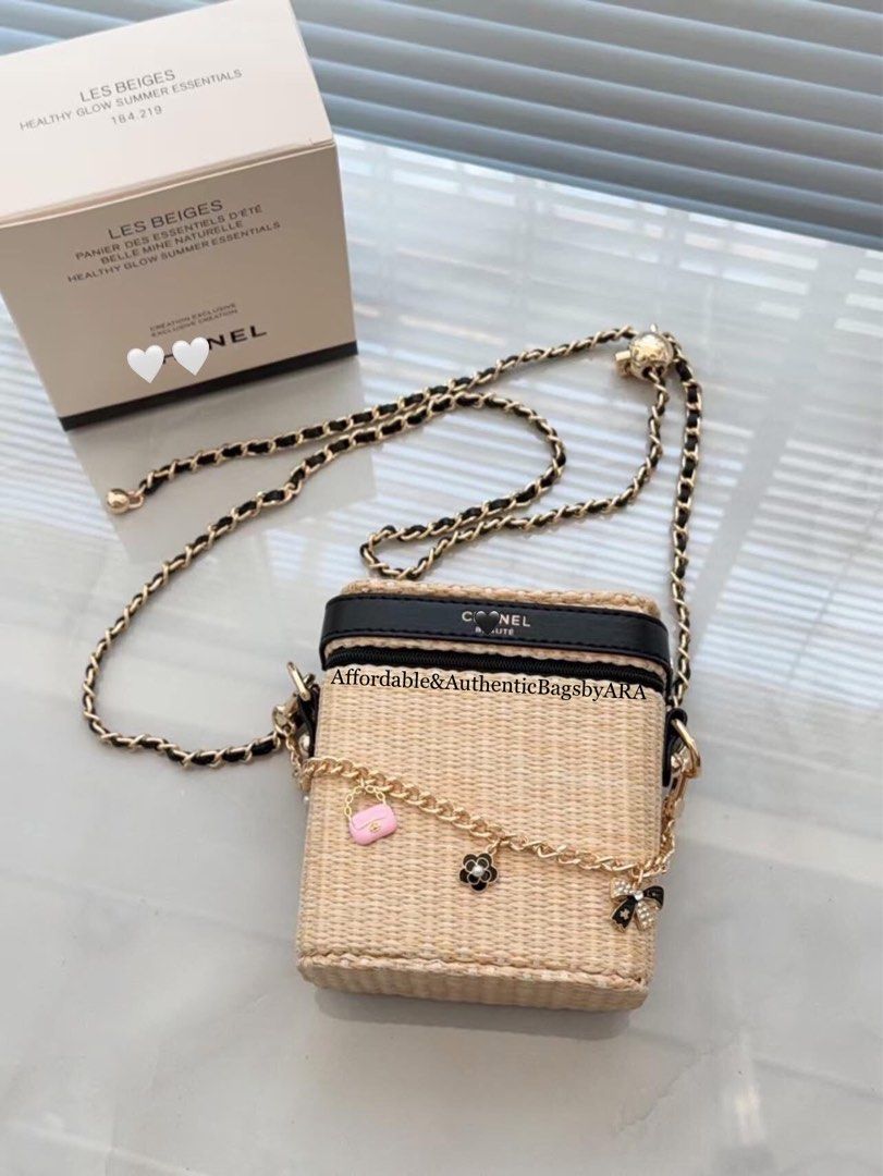 GWP CHANEL LES BEIGES STRAW VANITY BAG (Category: Cross-body Bags) located in Daet. Submitted by ecassenluxuries (Listing ID 1469617535, Image 3). Description: 📌 FIXED PRICE ALREADY ▫️Brand: Chanel Les Beiges Summer Essentials Vanity Bag ▫️Material/Design: Straw texture body with classy black trim ▫️Modified Strap: Gold chain with leather weave and convenient metal ball adjuster ▫️ Inclusions: Comes with original box ( Charms not included ) ▫️Ca