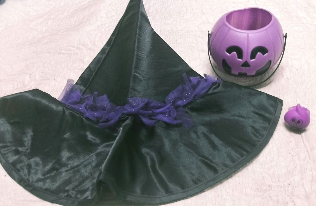 Halloween Witch Hat Pumpkin Bucket Ring Costume Set (Category: Occasions & Party Supplies) located in Taguig. Submitted by Bloomscorner1 (Listing ID 1469665111, Image 1). Description: - Halloween Witch Costume Bundle - Bundle contains: 1) Black witch hat with sparkly purple trim 2) Small purple jack-o-lantern plastic bucket with handle 3) Comes with a matching purple ghost toy ring - Perfect for Halloween parties and trick-or-treating .