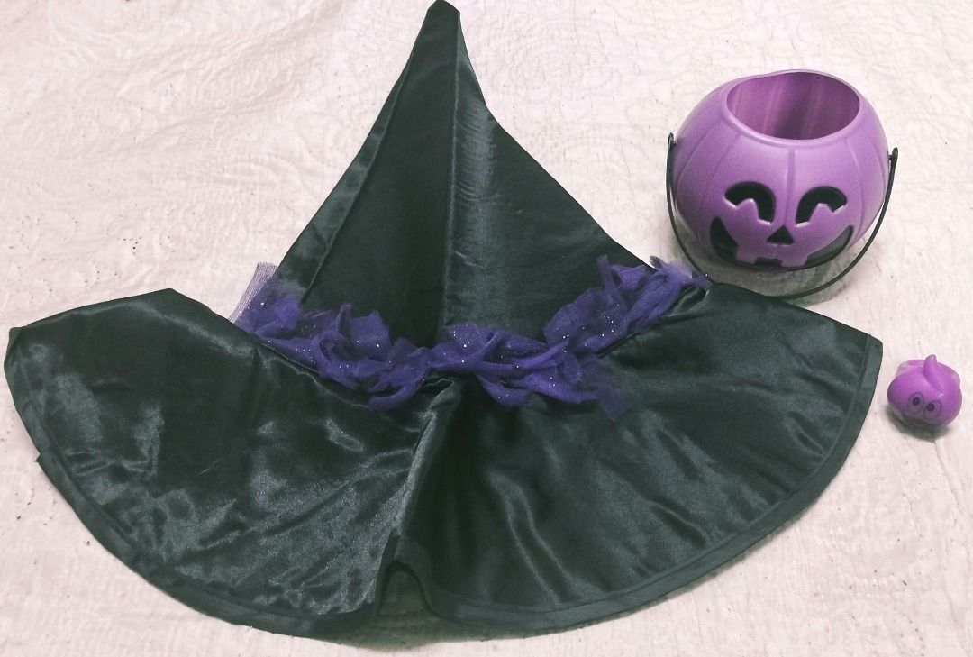 Halloween Witch Hat Pumpkin Bucket Ring Costume Set (Category: Occasions & Party Supplies) located in Taguig. Submitted by Bloomscorner1 (Listing ID 1469665111, Image 2). Description: - Halloween Witch Costume Bundle - Bundle contains: 1) Black witch hat with sparkly purple trim 2) Small purple jack-o-lantern plastic bucket with handle 3) Comes with a matching purple ghost toy ring - Perfect for Halloween parties and trick-or-treating .