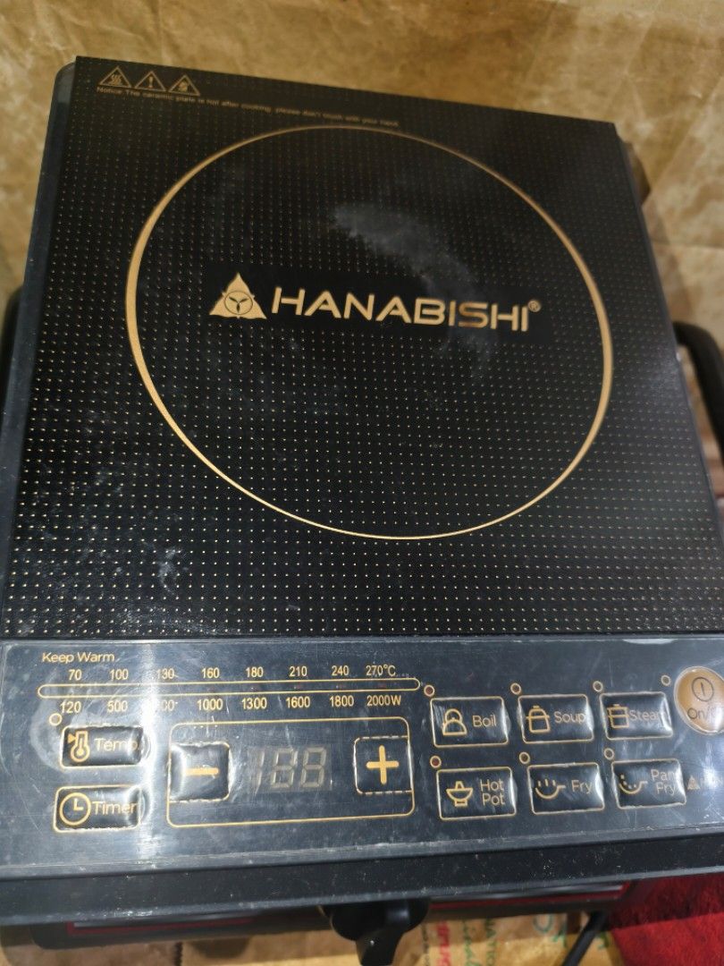 Hanabishi Induction Stove with Pot (Category: Cookers) located in Cagayan de Oro. Submitted by abiiibiiii (Listing ID 1469634156, Image 1). Description: Rarely used Hanabishi induction stove that comes with its original induction pan. RUSH SALE! Free delivery within Parañaque..