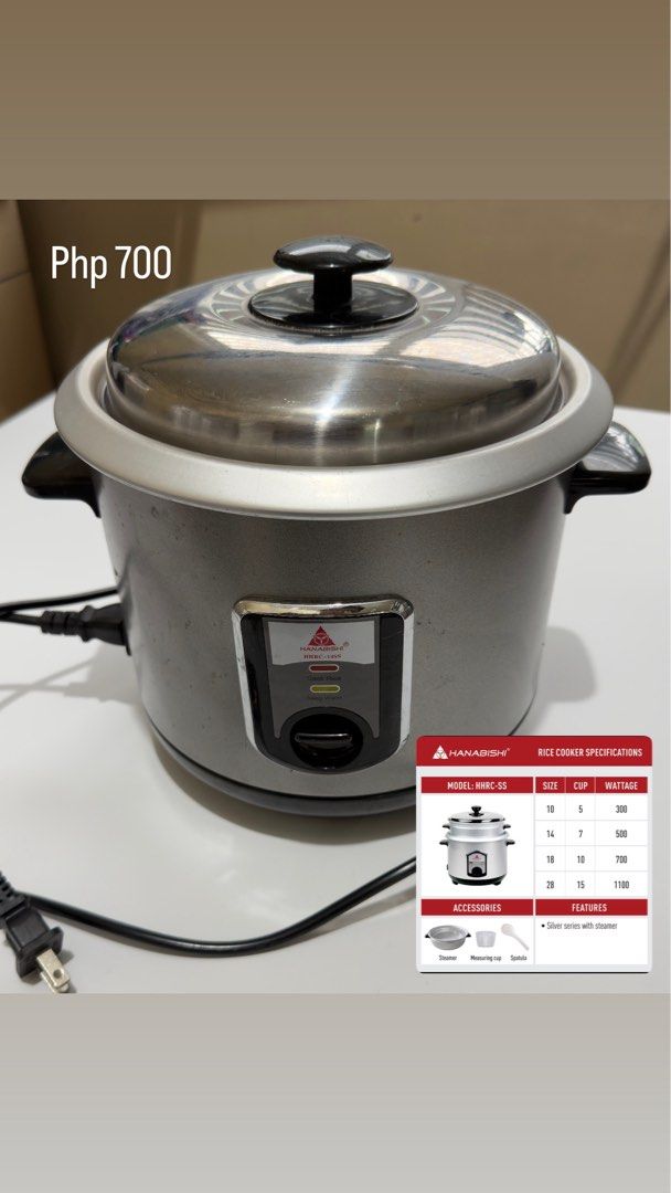 Hanabishi Rice Cooker (Category: Cookers) located in Caloocan City. Submitted by daniieee. (Listing ID 1469680373, Image 1). Description: - Brand/Model: Hanabishi Rice Cooker HHRC-14SS - Capacity: Size 14, cooks up to 7 cups - Power: 500 Watts - Design: Silver body with a durable stainless steel lid - Features: Switch panel with Cook and Keep Warm indicator lights - Inclusion: Power cord included - Condition: Used appliance, works great for every