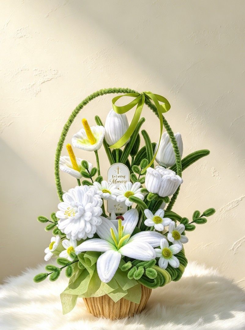 Handmade Chenille Pipe Cleaner Flower Basket Arrangement (Category: Flowers & Bouquets) located in Balanga. Submitted by nea_mich (Listing ID 1469687701, Image 1). Description: - Handmade pipe cleaner floral arrangement - Features lilies, tulips, daisies, and chrysanthemums - Arranged in a charming woven basket with a handle and green bow - Includes a touching 'In Loving Memory' card - Maintenance-free decor that will never wither or die.
