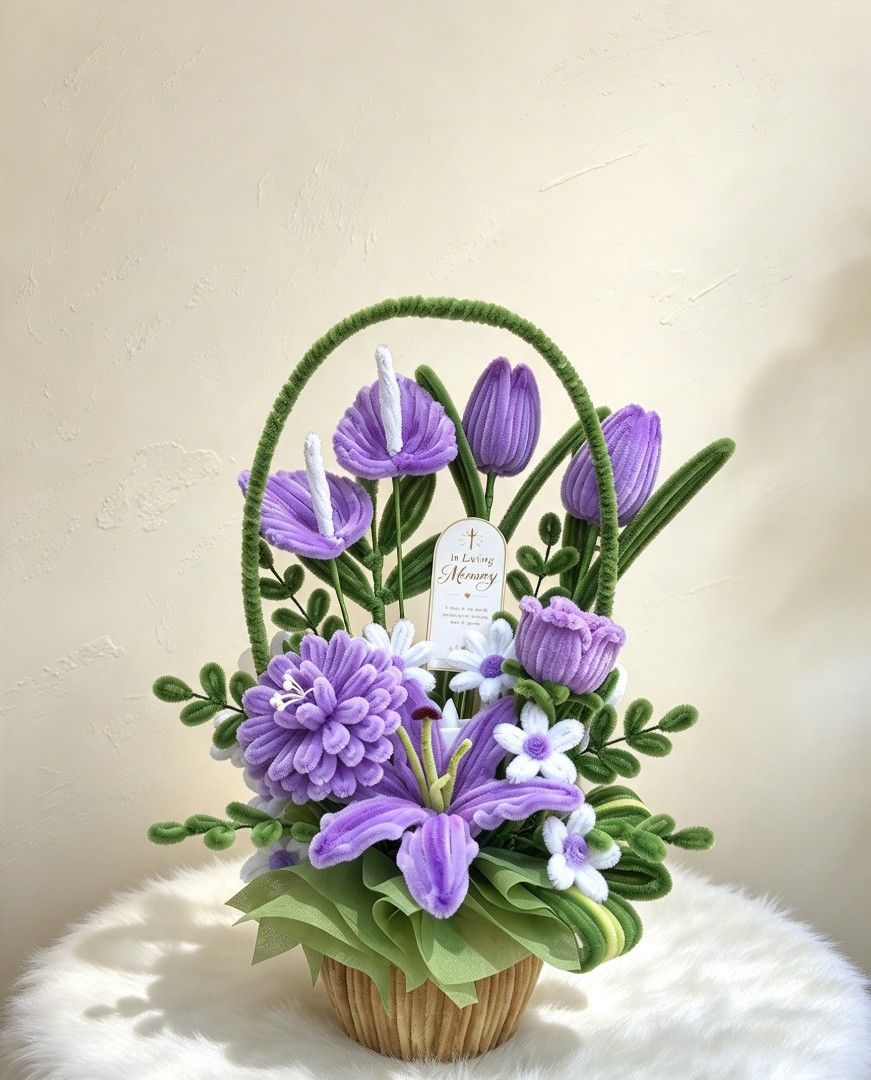 Handmade Chenille Pipe Cleaner Flower Basket Arrangement (Category: Flowers & Bouquets) located in Balanga. Submitted by nea_mich (Listing ID 1469687701, Image 2). Description: - Handmade pipe cleaner floral arrangement - Features lilies, tulips, daisies, and chrysanthemums - Arranged in a charming woven basket with a handle and green bow - Includes a touching 'In Loving Memory' card - Maintenance-free decor that will never wither or die.