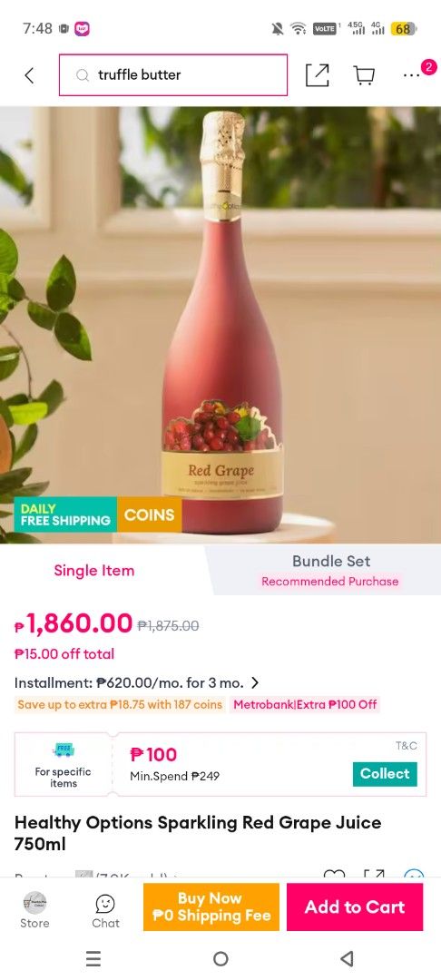 Healthy Options Sparkling Red Grape Juice 750ml (Category: Beverages) located in Caloocan City. Submitted by grandcloud.a0efa7 (Listing ID 1469758709, Image 3). Description: - Item: Healthy Options Sparkling Red Grape Juice - Size: 750ml bottle - Condition: Brand new, unopened, and still sealed in bubble wrap - Features: Non-alcoholic, festive red matte bottle with gold foil top - Best for: Holidays, celebrations, special dinners, or gifting.