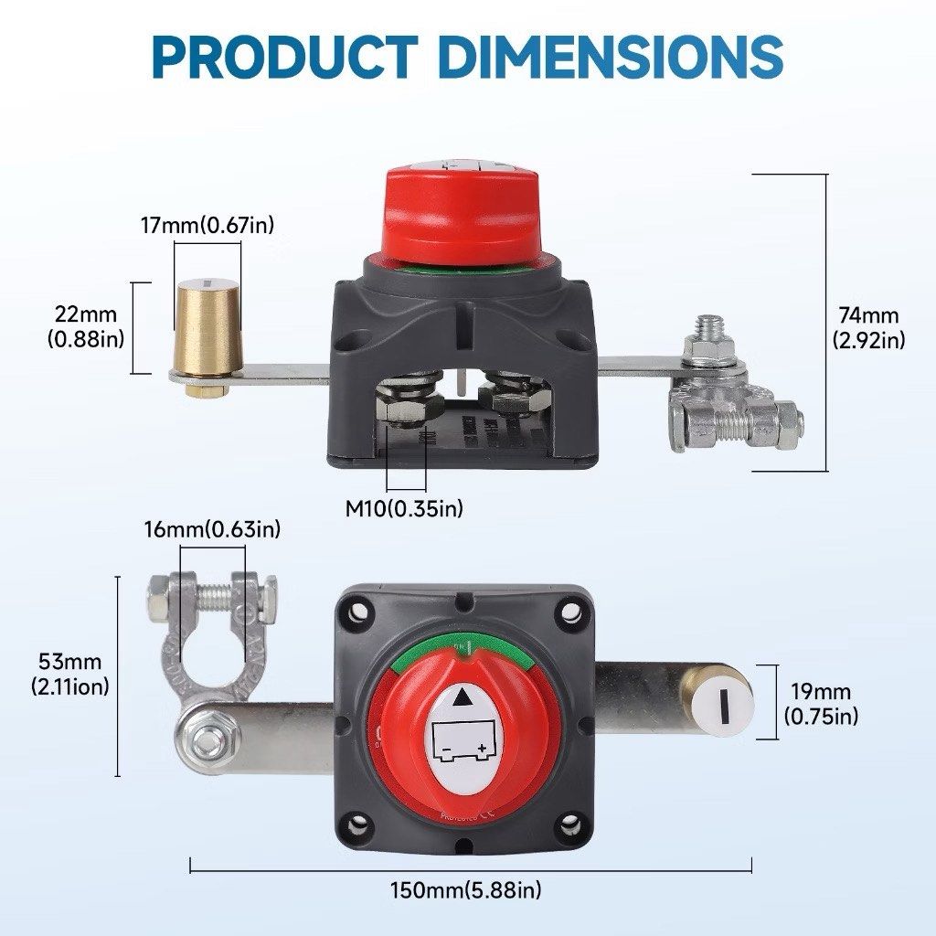 Heavy Duty Battery Disconnect Switch Master Kill Switch (Category: Electrical, Adaptors & Sockets) located in Manila. Submitted by markdelaro52517 (Listing ID 1469636335, Image 1). Description: Heavy duty battery disconnect switch. Red rotary knob with ON/OFF positions. Black square housing base measuring 68mm by 68mm. Total switch width reaches 150mm with the terminal brackets. Includes mounting plate and stainless steel screws in a sealed plast