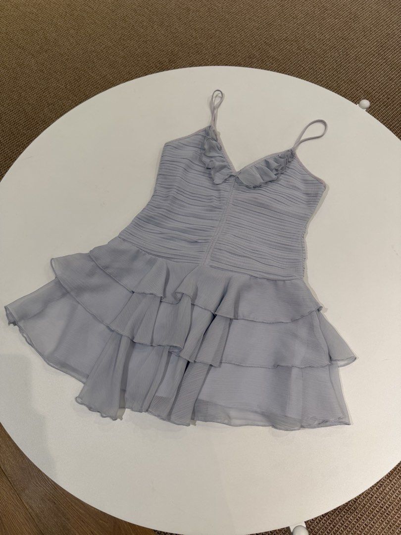 H&M Divided Light Blue Ruffle Mini Dress XS (Category: Dresses) located in Muntinlupa City. Submitted by henlo03 (Listing ID 1469607645, Image 2). Description: - Brand: H&M Divided - Size: XS - Color: Light blue - Design: Spaghetti straps, v-neck with ruffle trim, ruched bodice, and a multi-tiered layered ruffle skirt - Closure: Back zip - Condition: Worn once for a quick photo, practically untouched.