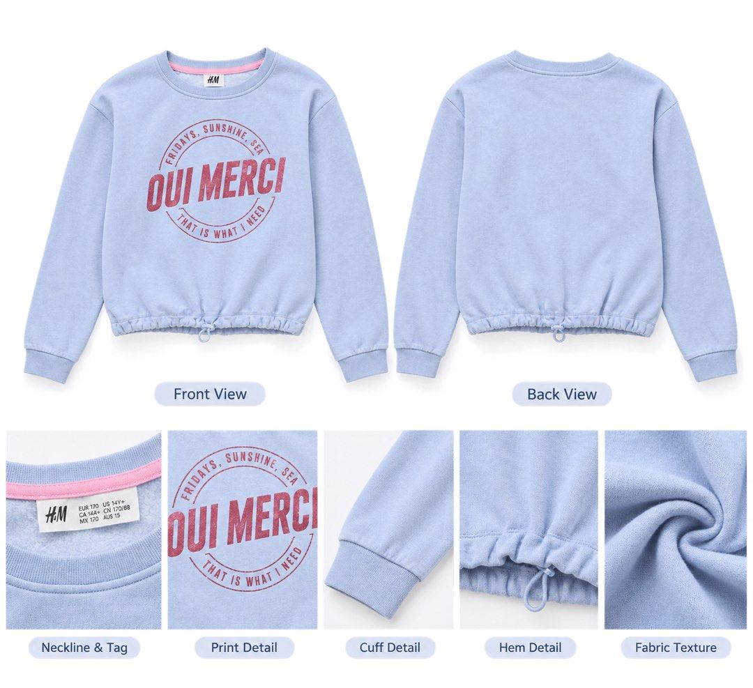 H&M Light Blue Sweatshirt (Category: Coats, Jackets and Outerwear) located in Cabanatuan. Submitted by dindin_7 (Listing ID 1469593349, Image 2). Description: 💙 H&M Light Blue Sweatshirt ✨ Cute and comfy! ✨ Color: Light Blue ✨ Size: Junior (170 / 14Y+) / xs-s adult size ✨ May adjustable drawstring sa hem ✨ Stylish graphic print 📌 Fit: Junior size, may fit XS–S adult, depende sa body measurements. Pre-loved in good condition. Perfect for casual 