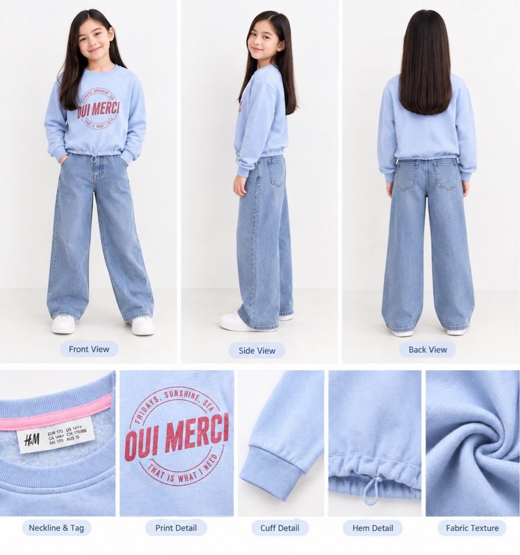 H&M Light Blue Sweatshirt (Category: Coats, Jackets and Outerwear) located in Cabanatuan. Submitted by dindin_7 (Listing ID 1469593349, Image 1). Description: 💙 H&M Light Blue Sweatshirt ✨ Cute and comfy! ✨ Color: Light Blue ✨ Size: Junior (170 / 14Y+) / xs-s adult size ✨ May adjustable drawstring sa hem ✨ Stylish graphic print 📌 Fit: Junior size, may fit XS–S adult, depende sa body measurements. Pre-loved in good condition. Perfect for casual 