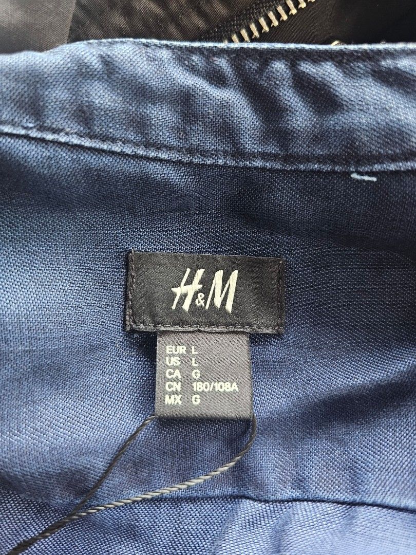 H&M mandarin collar shirt (Category: Formal Shirts) located in Baguio. Submitted by kayeonlineshop (Listing ID 1469663067, Image 3). Description: men's navy blue long-sleeve casual shirt featuring a band/mandarin collar and a front button placket.