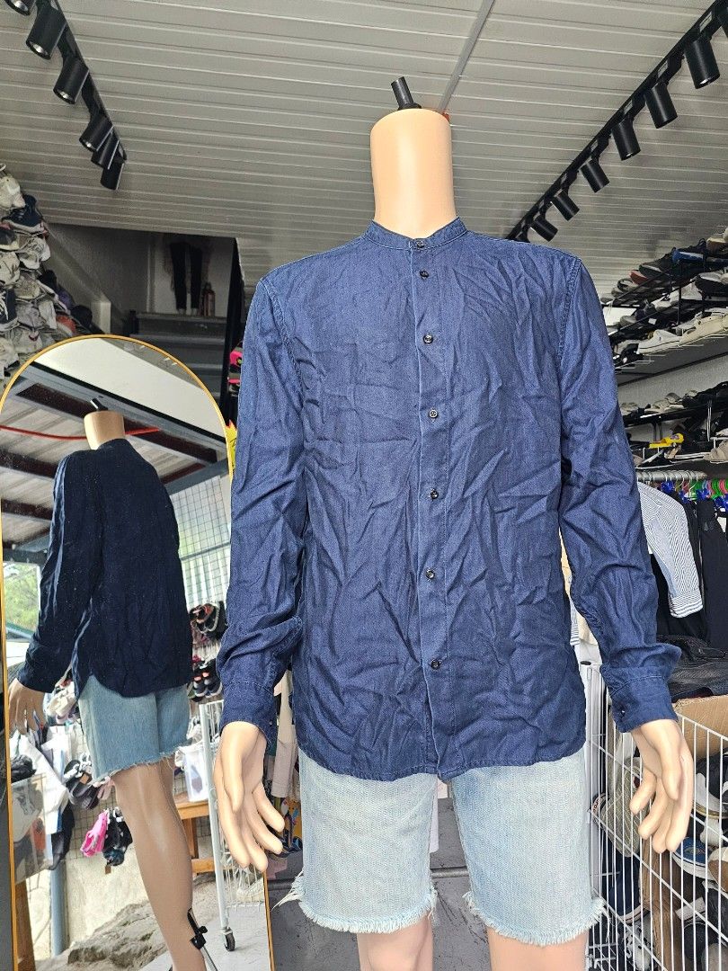H&M mandarin collar shirt (Category: Formal Shirts) located in Baguio. Submitted by kayeonlineshop (Listing ID 1469663067, Image 1). Description: men's navy blue long-sleeve casual shirt featuring a band/mandarin collar and a front button placket.