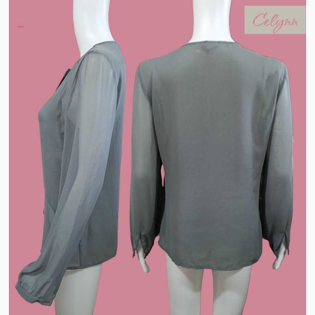 H&M Grey Sheer Button Down Long Sleeves Blouse; Medium (Category: Blouses) located in Moncada. Submitted by celynn.collection (Listing ID 1469617326, Image 2). Description: ✅ PLEASE READ BEFORE ASKING! 😊 ----------------------------------------------------- 📍LOCATION: Pangasinan, Luzon ----------------------------------------------------- ✅ Clothes are THRIFTED or PRE-LOVED unless stated brand new. ----------------------------------------------