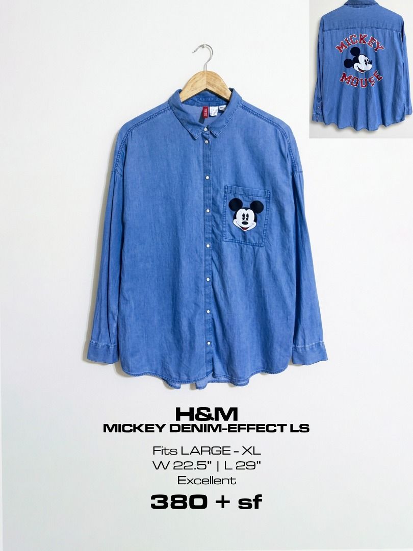 H&M x Disney Mickey Mouse Denim-Effect Button Long Sleeves (Category: Tshirts & Polo Shirts ) located in Cadiz. Submitted by thespotcdz (Listing ID 1469588088, Image 1). Description: Fits Large - XL Width 22.5" Length 29" Excellent condition.