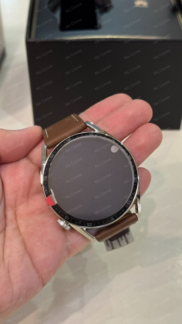 Huawei Watch GT 3 46mm Brown Leather Strap (Category: Wearables & Smart Watches) located in Santo Tomas. Submitted by niccorrea (Listing ID 1469588496, Image 3). Description: - Brand: Huawei Watch GT 3 (46mm) - Design: Silver stainless steel case with classic brown leather strap - Condition: Unused in original packaging; Opened only for testing and charging - Inclusions: Original box, manual, and magnetic charging cable - Key Features: Excellent 
