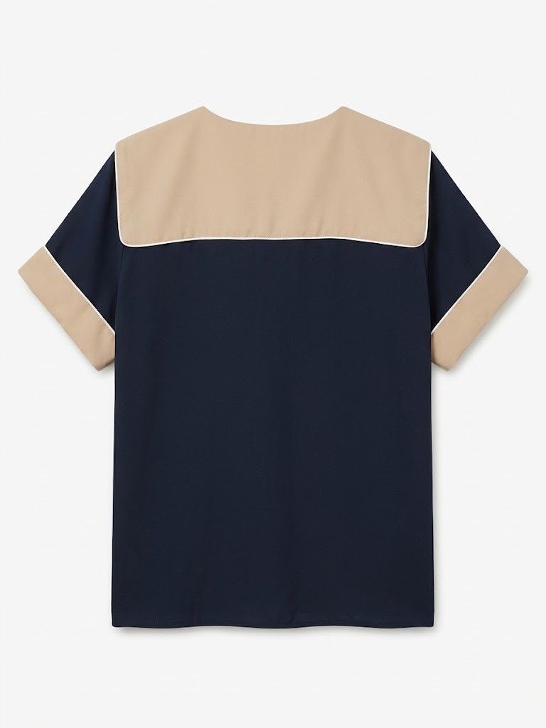 Huckleberry Sailor Collar Navy and Beige Blouse (Category: Blouses) located in Manila. Submitted by mrose_2412 (Listing ID 1469644183, Image 2). Description: - Color: Navy blue with beige sailor collar and sleeve cuffs - Fit: Relaxed fit, short sleeves.