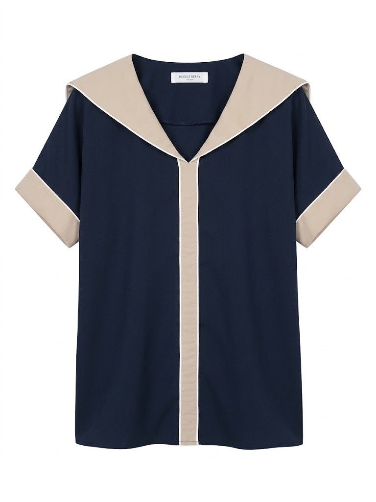 Huckleberry Sailor Collar Navy and Beige Blouse (Category: Blouses) located in Manila. Submitted by mrose_2412 (Listing ID 1469644183, Image 1). Description: - Color: Navy blue with beige sailor collar and sleeve cuffs - Fit: Relaxed fit, short sleeves.