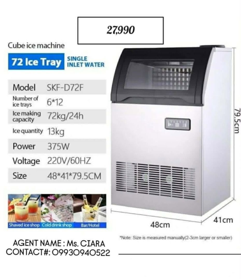 ICE CUBE MAKER MACHINE (Category: Industrial Equipment) located in Lucena. Submitted by ciaramasotes29 (Listing ID 1469598850, Image 3). Description: ICE CUBE MAKER MACHINE Dual Inlet • 36kg – ₱14,990 • 50kg – ₱22,990 Single Inlet • 72kg – ₱27,990 • 90kg – ₱37,990 • 110kg – ₱41,990 • 145kg – ₱46,990.
