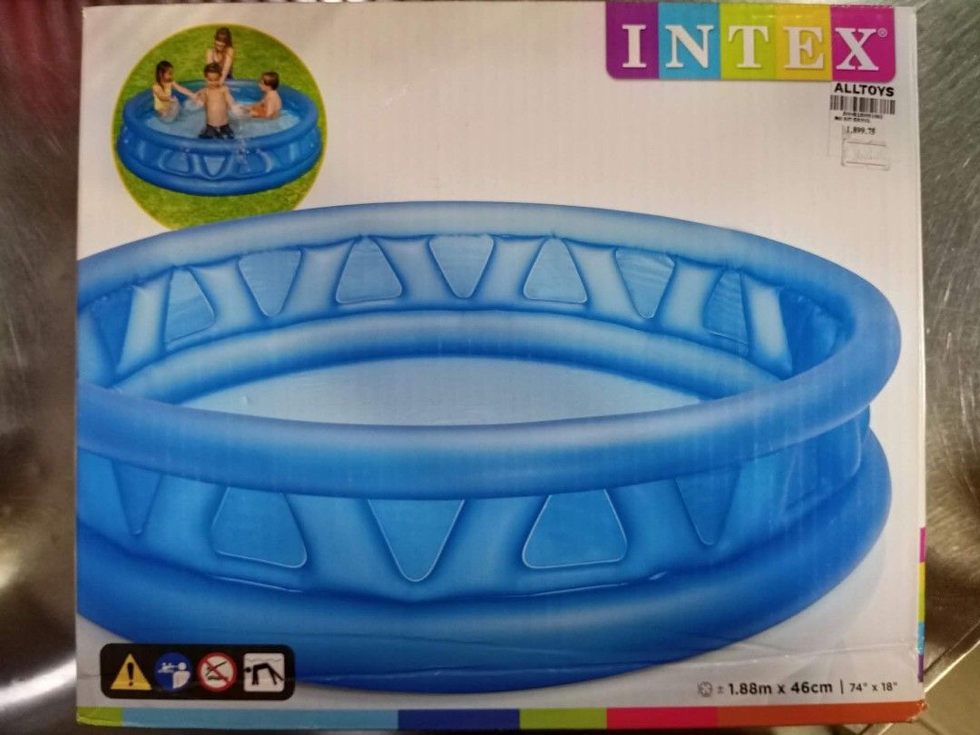 Intex Inflatable Round Swimming Pool 1.88m x 46cm (Category: Water Sports) located in Pateros City. Submitted by JP0125 (Listing ID 1469701797, Image 1). Description: - Brand: Intex Inflatable Pool - Size: 1.88m diameter x 46cm height - Color/Design: Bright blue with patterned side walls - Condition: Excellent, used only 1-2 times, holds air perfectly - Inclusions: Original box with dimension details - Features: Great for kids, easy and quick to 
