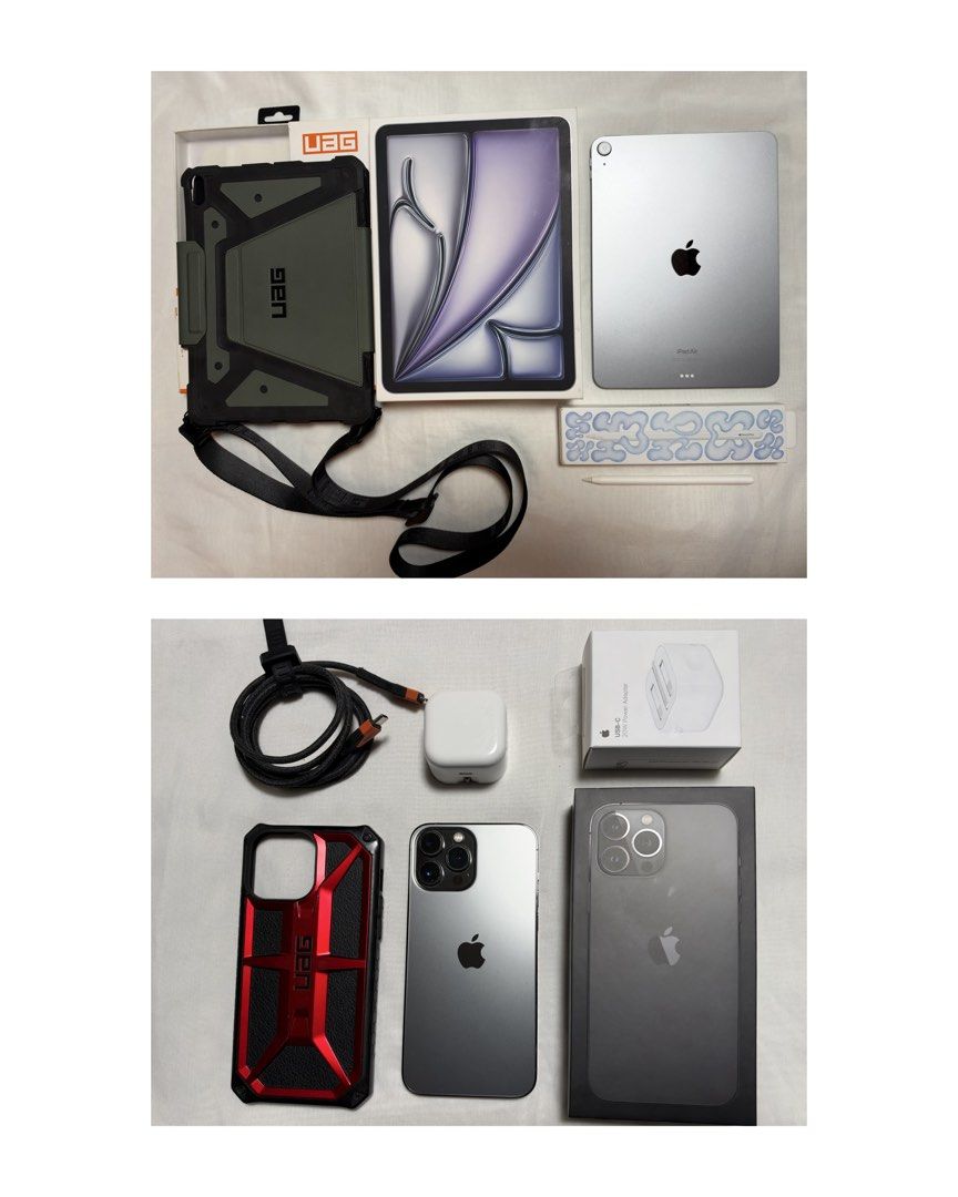 Iphone 13 Pro Max with Ipad Air 11-inch M2 with (Category: Other Mobile & Gadget Accessories) located in Manila. Submitted by animortem13 (Listing ID 1469700167, Image 1). Description: Ipad Air 11 inch M2 256gb WIFI Space Grey Comes with: - Apple pencil pro (worth P8690) - UAG Metropolis Folio case (worth P4496) - UAG Shoulder Strap (P1282) - Screen Protector (currently attached) - Original Box and charger (not used) - Battery Health 100% with 12