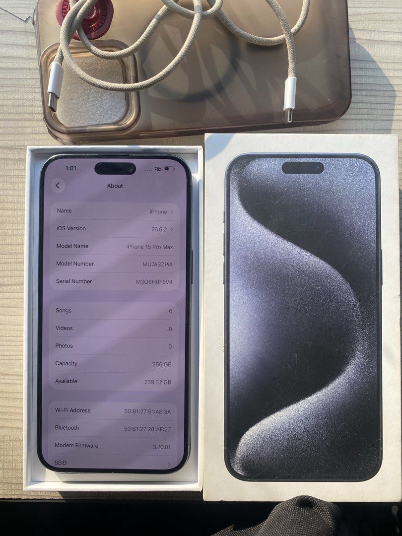 iPhone 15 Pro Max 256GB FRESH (Category: iPhone 15 Series) located in Manila. Submitted by cozart_ (Listing ID 1469646960, Image 2). Description: iPhone 15 Pro Max 256GB ZP/A Local Variant Openline (anysim) 256GB 86BH orig! Truetone✅ Face ID✅ no history of repair unli check unli reset all functions working minimal signs of usage Inclusions: Orig Box (same serial) Orig Cord 2 Cases Manuals.