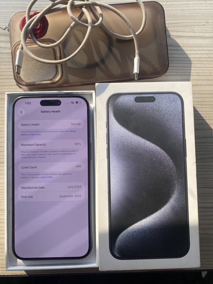 iPhone 15 Pro Max 256GB FRESH (Category: iPhone 15 Series) located in Manila. Submitted by cozart_ (Listing ID 1469646960, Image 3). Description: iPhone 15 Pro Max 256GB ZP/A Local Variant Openline (anysim) 256GB 86BH orig! Truetone✅ Face ID✅ no history of repair unli check unli reset all functions working minimal signs of usage Inclusions: Orig Box (same serial) Orig Cord 2 Cases Manuals.