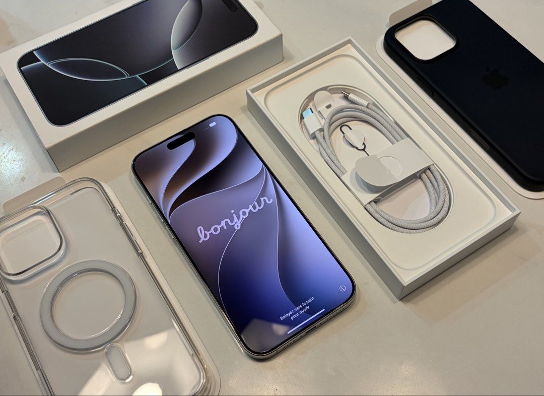 iPhone 16 Pro Max - White (256gb, Unlocked) (Category: iPhone 16 Series) located in Pasig City. Submitted by zephyrone (Listing ID 1469653597, Image 2). Description: iPhone 16 Pro Max (256gb, White Titanium) NTC, Unlocked - 92% Battery Health - No issues - No iCloud - 99% Smooth, Well taken care of, Pristine screen - Complete with box and fresh Apple USB-C cable + 2 Apple Official Cases Package: - Unit - Original Box - Original USB-C to USB-C Cab